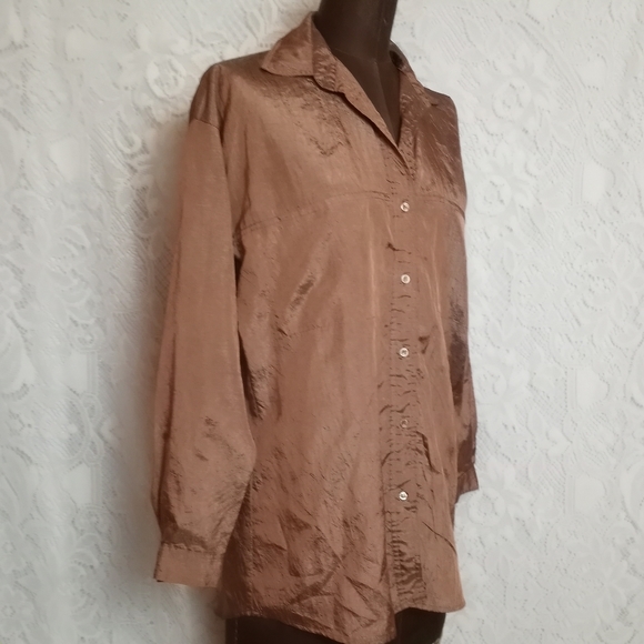 Vintage 90s DVF Diane Von Furstenberg Metallic Bronze Long Sleeve Button Shirt - Picture 3 of 9